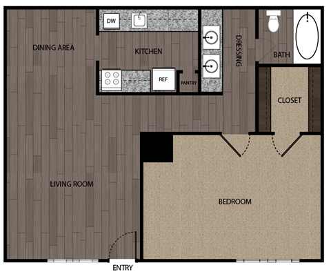 A floor plan of a house with a dining area, kitchen, pantry, bathroom, and bedroom.